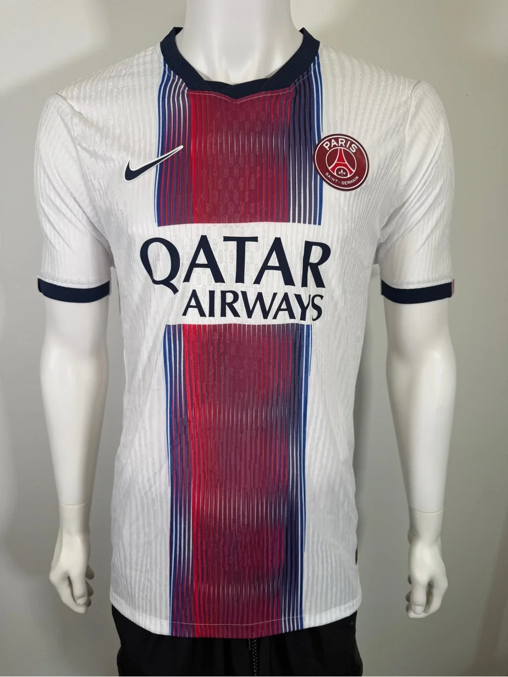Nike PSG White Red and Blue Vertical Stripe Men's Football Jersey